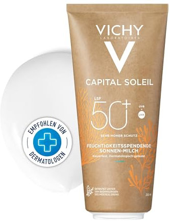 Vichy Capital Soleil, Latte Solare Eco-sostenibile SPF50+, Pelle Distesa e Idratata, Rughe Rimpolpate, Formula Sostenibile con Acqua Vulcanica di Vichy, Resiste all'Acqua, 200 ml