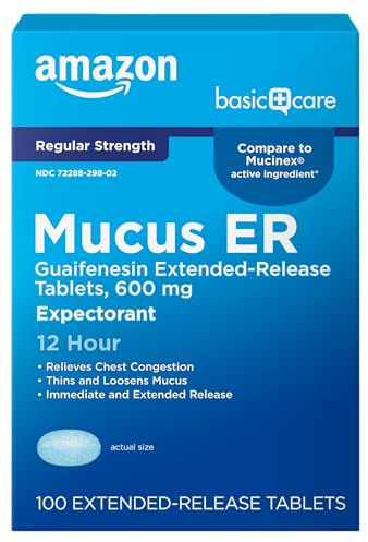 Amazon Basic Care Guaifenesin Extended-Release Tablets, 600 mg, 12 Hour Expectorant for Chest Congestion and Mucus Relief, 100 Count