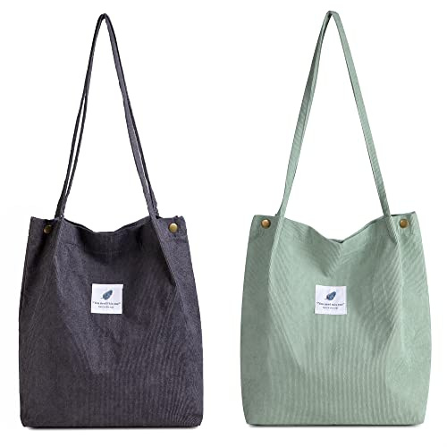 Makukke Umhängetasche Damen - 2pcs Cord Tasche Damen Schultertasche Shopper Damen Henkeltasche für Alltag, Büro, Schulausflug und Einkauf (Dunkelgrau + Hellgrün)