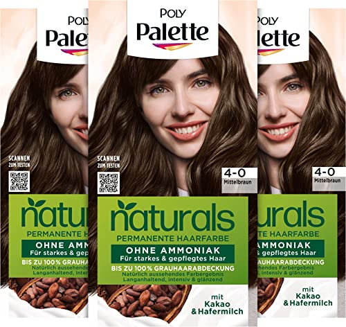 Palette Naturals Permanente Haarfarbe 4-0 Mittelbraun (3 x 115 ml), pflegende Haarfarbe ohne Ammoniak, Coloration für bis zu 100 % Grauabdeckung