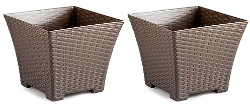 AC - Pack de 2 macetas Cuadrada - Fabricación en plástico – Diseño Rattan – Ideal como macetero, Tiesto, Recipiente para Plantas, Flores, balcón, terraza, jardín – 25 cm – Color Topo