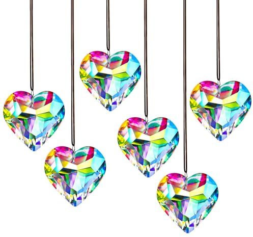 HDCRYSTALGIFTS 6 Stück 50 mm Kristallherz Prisma Sonnenfänger Fenster Sonnenfänger Kristalle hängende Dekorationen Regenbogen Maker Anhänger Glas Ornamente für Valentinstag / Galentinen Tag