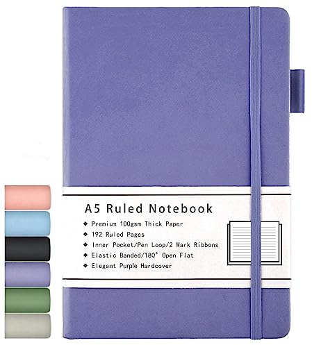 Beinushor Carnet de Note A5, Journal Ligné à Couverture Rigide avec Papier épais Premium 100 GSM, Poche Intérieure, Boucle pour Stylo, Bande élastique, 192 Pages, 14,5 x 21,3 cm (Violet)