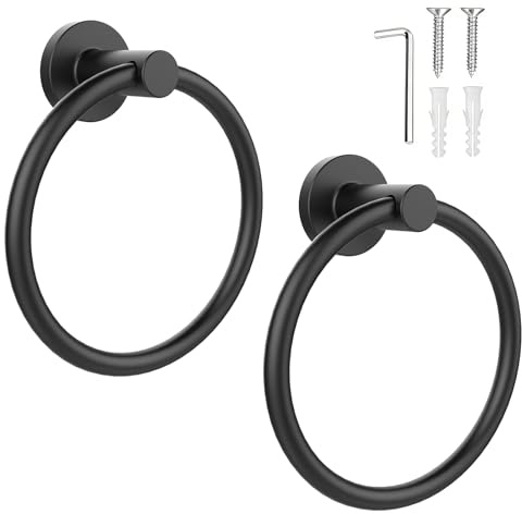 SetSail Towel Holder for Bathroom Wall Matte Black Towel Ring Stainless Steel Heavy Duty Hand Towel Hanger for Bath, Kitchen, 2 Pack