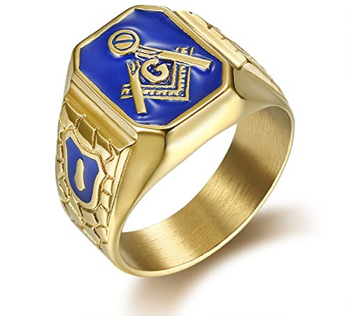Blauer Freimaurer-Freimaurer-Ring, Blauer Freimaurer-Ring für Männer, Gold-Freimaurer-Meisterring Punk-Freimaurer-Symbol-Schmuck, Gold-Freimaurerei-Biker-Ring Maurer-Ring Religiöser Amulett-Ring