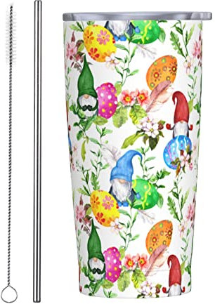 QQIAEJIA Isolierter Becher Osterzwerge Ei Blatt Blume 590 ml mit Deckel und Strohhalm Edelstahl Vakuumbecher Kaffee Wasser auslaufsicher Reisebecher für Zuhause Büro Schule