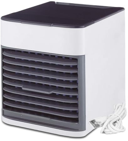 TIENDA EURASIA - Mini Aire Acondicionado, 3 Velocidades Ajustables, 14,5x16x16cm, Cable USB, Tanque de Agua 500ml, Luz Nocturna Led, 8 Horas Uso Continuo