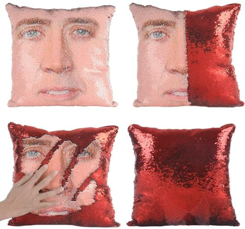 LydeLog Nicolas Cage Pillow Covers Sequin Pillow Cases Funny Gag Gifts Reversible Sequin Pillow Cover Decorative Throw Cushion Case 16 x 16 Inches (Red)