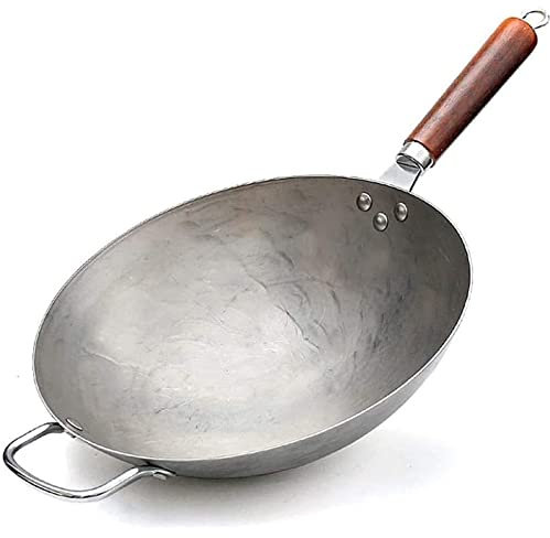 Wok de Acero al Carbono, sartén Wok Tradicional de Hierro Martillado a Mano de 14 Pulgadas con Mango de Madera Auxiliar y Fondo Redondo para Platos deliciosos woks
