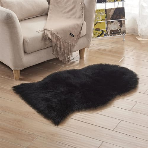 Bici Kunstfell Teppich, Kunstfell Schaffell Imitat Wohnzimmer Teppiche Flauschig Gemütliches Schaffell Bettvorleger Sofa Matte, Kunstfellteppich, Fell Für Stühle (Schwarz,60 x 120 cm)