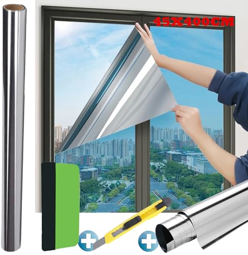 Sonnenschutzfolie, UV-Schutz Sonnenschutzfolie Fenster Innen Oder Außen, Silber reflektierende Fensterfolie, Spiegelfolie Selbstklebend, Rückstandslose Sonnenschutz Folie (45 x 400 cm)