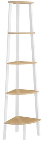 VASAGLE Eckregal, Bücherregal mit 5 Ebenen, Leiterregal, Aufbewahrungsregal, Pflanzenregal für Wohnzimmer, Industrial-Design, mit Stahlrahmen, natureichenfarben-mattweiß LLS035Y01