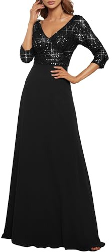 Ever-Pretty Vestido de Fiesta Lentejuelas Manga Larga Mujer A-línea Escote en V Imperio Elegant Negro 46