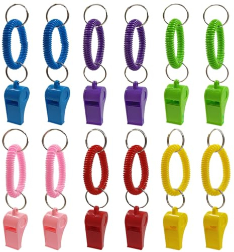 AFUNTA 12-pack visselpipa med armband, 6 färger hög plastvisselpipa sportvisselpipa töjbar handledsnyckel för domare, fotboll, överlevnad akutträning