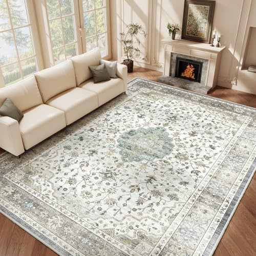 HOMFINE Teppich Wohnzimmer 240x340cm Vintage Waschbar Hell Grün | Großer Waschbarer Kurzflor Teppich mit Blumenmuster, Rutschfest, Weich und ideal für Wohnzimmer, Schlafzimmer und Esszimmer