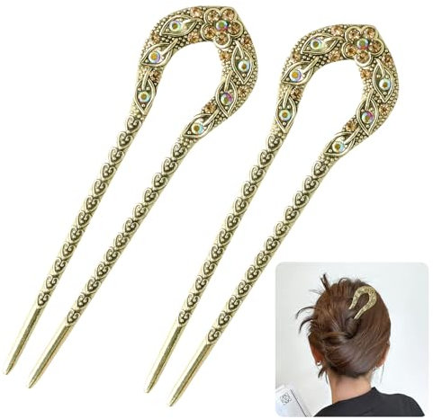 2 Stück U-förmige Haarnadeln, Französischer Stil, Metall Haargabel für Hochsteckfrisuren, Vintage Haarstäbe Elegante Haarnadeln für Frauen Mädchen, Haarstyling-Zubehör für Dickes Langes Haar (Gold)
