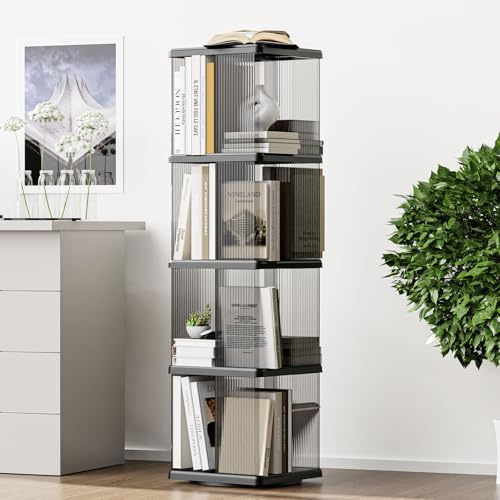 ELPHECO Rotating Bookshelf, Small Corner Bookshelf for Small Space, 360 Display 4 Tier Floor Standing Bookcase, Plastic Narrow Book Shelf Organizer for Living Room (Black Transparent, Rectangular)