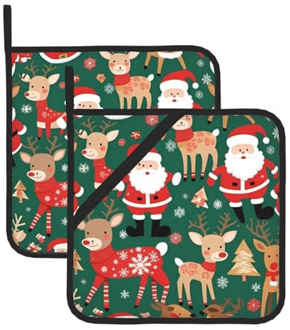 Set di presine con Babbo Natale e cervo natalizio, resistenti al calore, per forno e grill, essenziali per la cucina con design quadrato