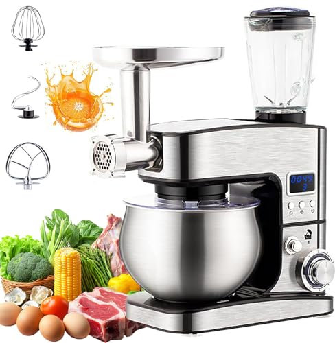 Batidora Eléctrica De Pie, Batidora De Alimentos Multifuncional De 1500 W, 3 Tipos De Batidoras, Control De 6 Velocidades, Picadora De Carne con Pantalla Electrónica, Licuadora, Tazón para Mezclar