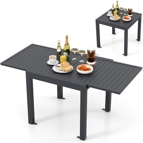 Outdoor Esstisch für 6 Personen mit Holzähnliche Platte Aluminium Terrasse Bistrotisch für Balkon und Rasen Rechteckiger Ausziehbarer Gartentisch mit L-Verstrebungen (Grau)
