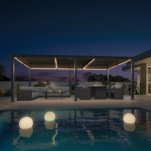 PURPLE LEAF Pavillon 3.5 x 6.25 m mit Lamellendach Terrassenüberdachung Wasserdicht Stabil Winterfest Pergola Freistehend Verstellbaren Alu-Lamellen mit LED-Lichtleiste, Grau