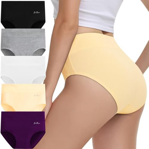 IceReco Bragas Mujer Algodon Talle Alto Braguitas Postparto Cintura Alta Cómodo Pack de 5 Culotte Ropa Mujer Bragas Reductoras Braguitas de Control Algodón Negro Blanco Beige Morado Gris M