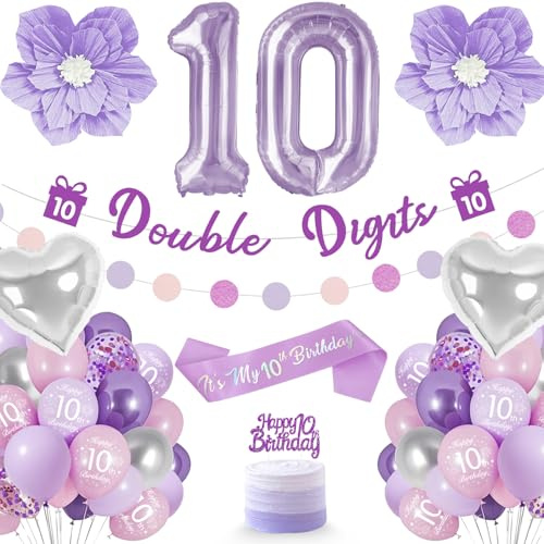Deko 10 Geburtstag, Lila Geburtstagsdeko 10 Jahre Umfassen Folienballon 10 | Kuchen Topper, Bänder, Sash, Violette Blumen, Luftballon 10. Geburtstagdeko