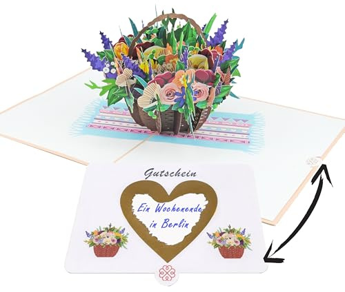 Favour Pop Up® - beim Öffnen der 3D Karte entfaltet sich ein bunter Blumenkorb, perfekt ist die Überraschung beim Freirubbeln deiner Botschaft zum Muttertag unter dem goldenen Herz.