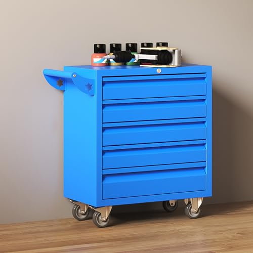 NOBBAT Metall-Garagen-Aufbewahrungsschrank mit Rädern, Rollwerkzeugkiste mit 5 Schubladen auf Rädern, 61x33x61cm,abschließbarer Werkzeugschrank mit seitlichem Griff(Blau)