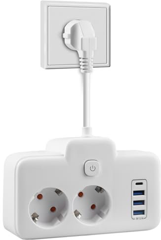 2-Fach Steckdosenleiste mit USB, Doppelstecker für Steckdose Steckdosenleiste mit Schalter, Steckdosenadapter Wandmontage Steckdosenleiste mit 4 USB, Verteilersteckdose mit USB und Schalter