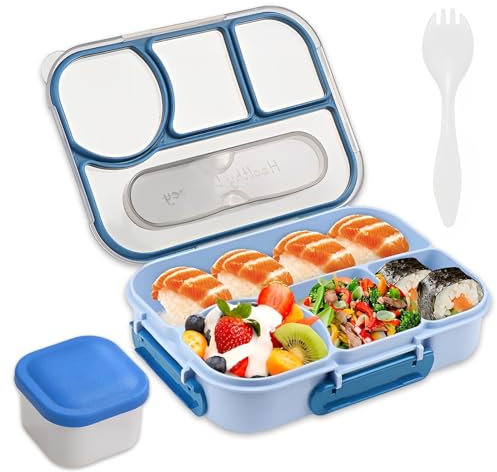DWFEYOI Lunch Box, Porta Pranzo con Posate e scatola di salsa, 1100ml Bambino Adulto Bento Box con 4 Scomparti, Schiscetta Contenitore Pranzo per Microonde Lavoro Picnic Ufficio (Blu)