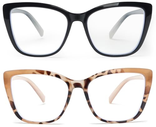 KoKoBin 2 Pack Oversize Occhiali da lettura da donna Moda Anti luce blu Occhiali per computer (2 Pack（Nero, caffè leopardo）, 2, Diottria)