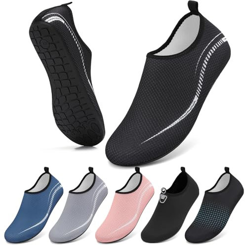 Wasserschuhe Damen Herren Badeschuhe Schwimmschuhe Schnell Trocknend Aquaschuhe rutschfeste Strandschuhe Surfschuhe Barfußschuhe Beach Pool Unisex(Linien Schwarz 39 EU)