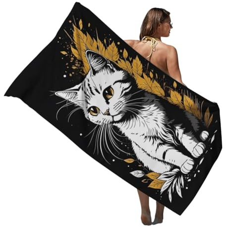 EPRHAY Adorable Cat Print Beach Towel White Cat Absorbent Bath Sheets Holiday Essentials Outdoor Sand Free Towel Soft Swimming Towels Microfibre Surfing Towel for Adults (A)
