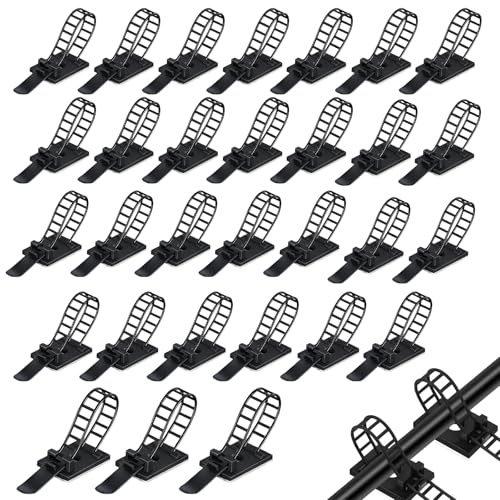 UZYXC 30 Stück Kabelhalter Selbstklebend mit Verstellbar Klemmbacke, Nylon Kabelbinder Wiederverschließbar für Schreibtisch Auto Werkstatt, Schwarz