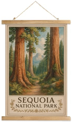 MIDEFINCH Sequoia National Park Art Print, Vintage Linen Canvas Poster with Solid Wood Scroll Frame, Rustic Landscape Wall Hanging for Living Room Bedroom Decor, 16x23 Inch