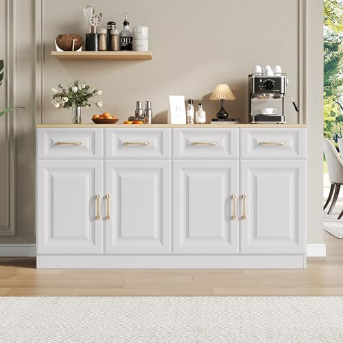 Oslghy Aparador Cocina, Aparador Mueble De Cocina, Buffet Comedor con 4 Cajones y 4 Puertas, Mueble Bar, Aparadors Vitrina para Dormitorio, para Salon, Comedor, Sala de Estar, 140×40×75 cm (Blanco-A)
