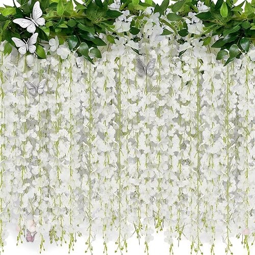 WSTELHH 2 Pack Artificial Wisteria Hanging Flowers, 6Ft Silk Vine | 20 branches white wisteria garland with silk flowers, ideal for wedding arch, DIY party, garden, wall and home decor