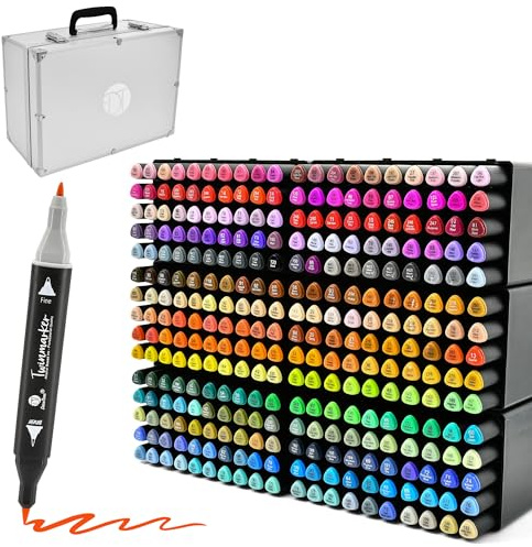 Decotime Doppelalkohol-Marker mit stapelbarer Dekoschale, 300 Stück | 300 Dual-Tip Fine & Brush Alcohol Markers, Coloured Pens for Adults & Kids, Professional Artist Drawing