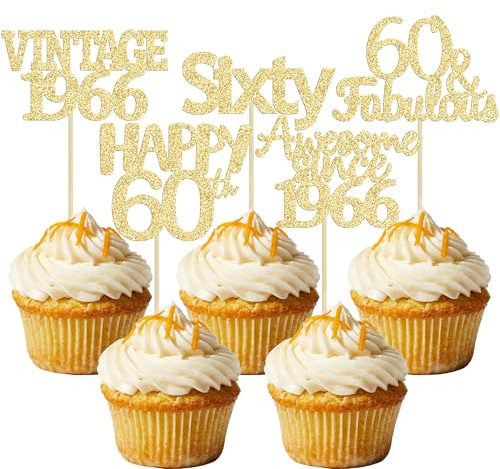 Gyufise 30Pcs Vintage 1966 Cupcake Toppers Glitter Sixty 60 Fabulous Happy 60th Birthday Cupcake Picks Cheers to 60 Years for 60th Birthday Anniversary Party Cake Decorations Supplies Gold