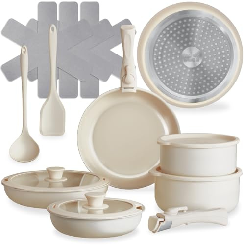 tectake® Juego de Cocina 16 Piezas Apto para Inducción, Incluye 2 Ollas Cocina Grandes, 3 Sartenes, Todo con Recubrimiento Cerámico Antiadherente y con Asas Extraíbles, Cocinas Completas - Blanco