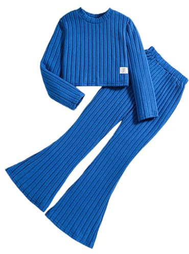 Generisch Chándal para niños y niñas, juego de chándal deportivo para niños, niñas, invierno, monocolor, a rayas, manga larga, pantalones acampanados, 2 unidades, traje infantil, azul, 11-12 años