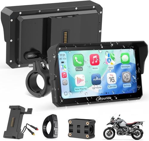 Carpuride W602S Pro Motorrad CarPlay Bildschirm mit BM05 für Plug-and-Play, Kabelloses CarPlay & Android Auto, 6,25 Wasserdichter Touchscreen, OTA, Dual-Bluetooth, Intercom-Funktion, Kabel Controller