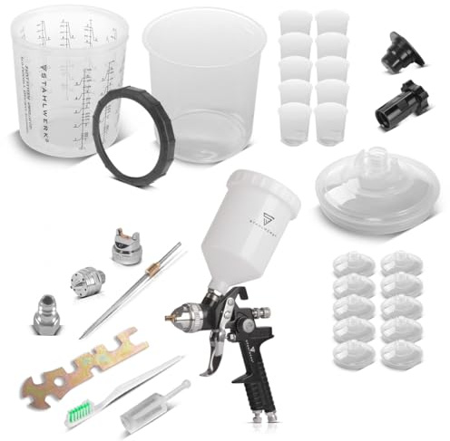STAHLWERK HVLP - Pistola per verniciatura con tazza di miscelazione – Pistola per verniciatura SG-600 ST con bicchiere e kit di pulizia, ugello da 1,4 mm, pistola a spruzzo professionale da 3,5 bar