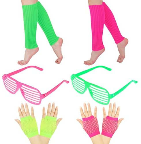 cadelon 2 Pairs Neon Leg Warmers 80s and 2 Pairs Fishnet Gloves, Leg Warmers,Green and Pink LegWarmers,80s Accessories for Women and Girls