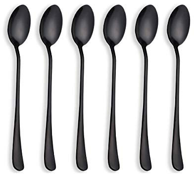 Berglander Schwarze Titan Vergoldet lange Griff Edelstahl Eislöffel, Latte Löffel, Cocktail Rühren Löffel, Packung mit 6, schwarze Farbe (Schwarze Glänzend)