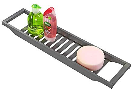 100% Natural Premium Bamboo Bath Caddy Wooden Bathtub Bathroom Over the Tub Tidy Shelf Storage Tray Rack Holder Organiser for Book, Drink, Tablet, Phone, Book (Grey)