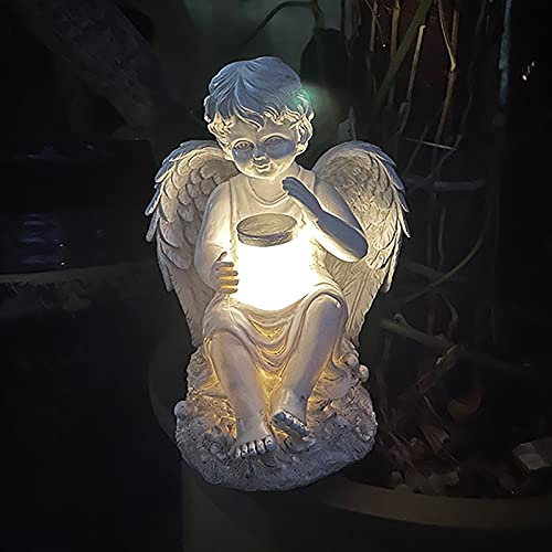 Ange Gardien Jardin Statuette Fée Avec Lumière Solaire, Résine Figurines Ornement Décoration Pour Pelouse Cimetière Cadeaux Commémoratifs - Garçon 14.5x15.5x20cm