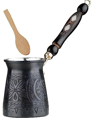 BCS 12 Oz Copper Turkish Greek Arabic Coffee Pot with Wooden Handle (4 servings) Cezve Ibrik Briki Stovetop Coffee Maker with Wooden Spoon