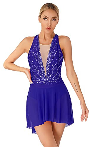 JEATHA Damen Glänzende Strass Ballettkleidung Ballettkleid Ärmellos Tanzkleid Eiskunstlauf Skater Kleid Gymnastik Leotard mit Rock Tütü Balletttrikot Gymnastikanzug Tanzkleidung E Royal Blau S